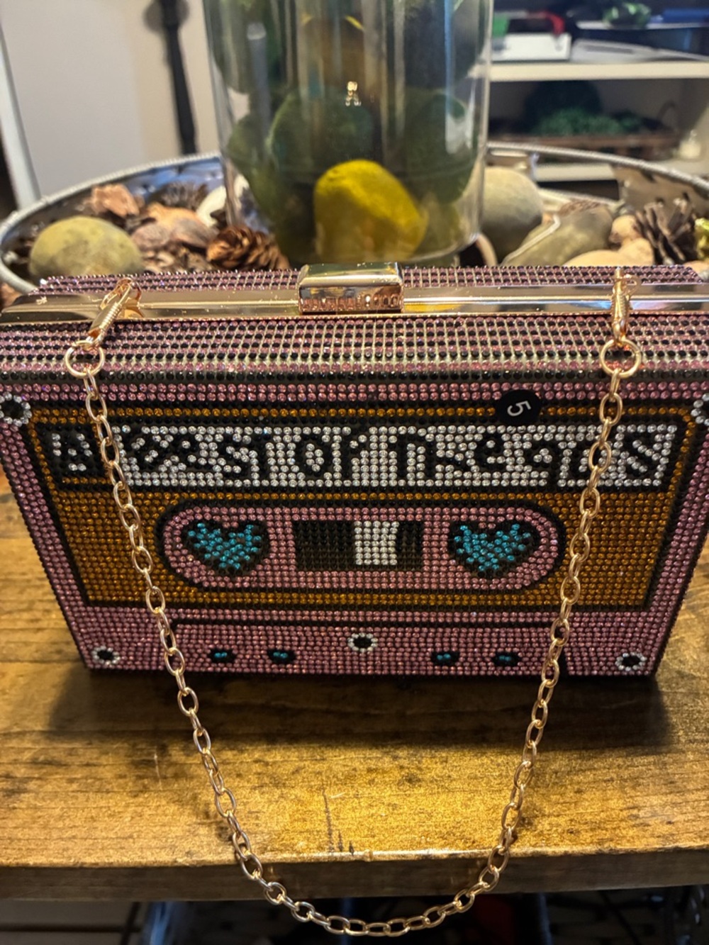 Embellished Cassette Tape Minaudière Clutch in Pink and Gold
